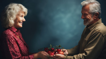 Mature couple sharing a tender moment, holding hands and a fruit basket, expressing love and happiness. Warm and joyful atmosphere captured.の素材