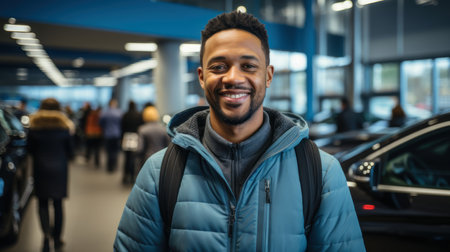 Happy man in a car dealership showroom, smiling with excitement while looking at new vehicles.の素材