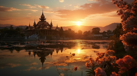 Beautiful sunset over Wat None Ku temple, with its silhouette reflecting on the calm lake, surrounded by lush nature.の素材