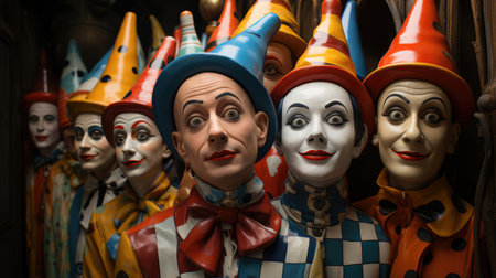 A whimsical group of clown figures with Pinocchio noses and colorful costumes, posing in an artistic and playful scene.の素材