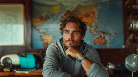 Young handsome man dreaming of world travel, sitting by a map background, evoking adventure and exploration.の素材