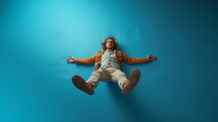 Young man falling down in mid-air with casual clothing against a blue background. Dynamic and active concept.の素材