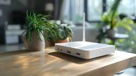 A modern white Wi-Fi router sits on a wooden table indoors, accompanied by house plants, emphasizing a stylish and connected living space.の素材