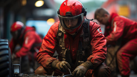 Mechanics in red suits preparing for a tire change at a pit stop. Focus on teamwork, precision, and speed in the automotive racing industry.の素材