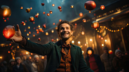 A joyful juggler entertains a delighted audience at a circus, with vibrant lights creating a lively and festive atmosphere.の素材