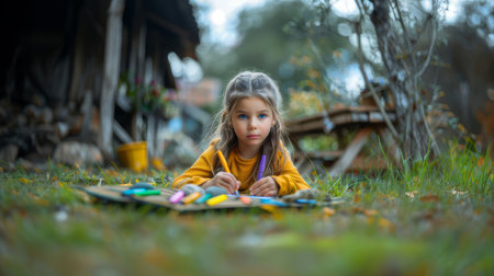 Cute little girl drawing on paper while lying on grass outside. Demonstrates creativity, concentration, and childhood innocence in a natural setting.の素材