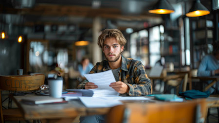 Young man looking stressed and holding documents while seeking help in a cozy cafe. Concept of frustration, problem-solving, and finding solutions.の素材