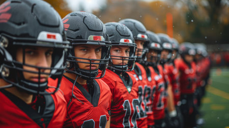Team of American football players standing together in red jerseys and helmets on a field, showing unity and determination.の素材