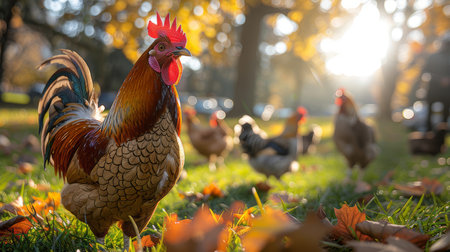 A vibrant rooster and chicken walking on a street in a sunlit autumn park, leaves on the ground, creating a picturesque countryside scene.の素材