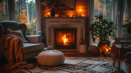 Cozy living room featuring a warm fireplace, comfortable armchair, candles, and stylish decor. Perfect for autumn evenings and relaxation.の素材