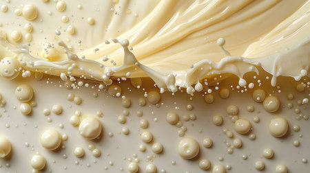 Detailed close-up of spilled condensed milk creating a dynamic splash pattern on a white background. Perfect for food and beverage, dairy, and culinary concepts.の素材