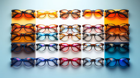 A vibrant assortment of fashionable eyeglasses displayed in neat rows on a clean white background, showcasing various styles and colors.の素材