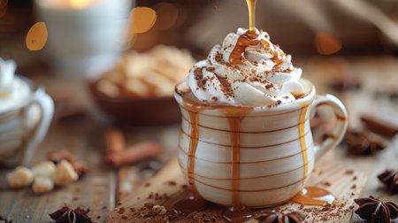 Close-up of caramel syrup being poured over whipped cream on a cup of coffee. Perfect for autumn, dessert, and cozy vibes.の素材