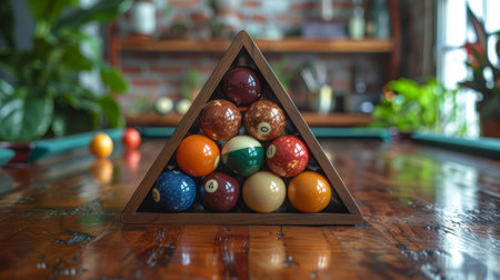 Triangle rack filled with colorful billiard balls placed on a polished wooden table, in a cozy room with plants and a blurred background.の素材