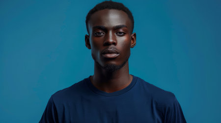 Stylish man wearing a blue t-shirt, posing confidently against a matching blue background. Perfect for fashion and portrait photography themes.の素材