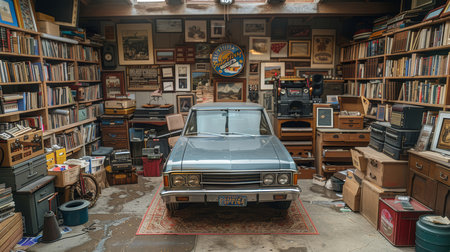 A vintage car is parked in a cluttered garage filled with books, antiques, and various collectibles, creating a nostalgic and eclectic ambiance.の素材