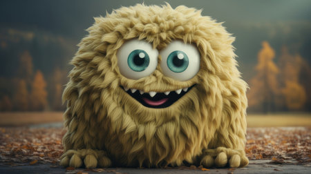 Cute and fluffy monster character with a single eye, smiling and posing outdoors in a beautiful autumn landscape with colorful foliage.の素材