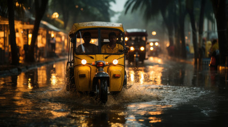 A yellow tuk-tuk travels through a waterlogged street in Chennai, India during a rainy evening. The scene captures urban transportation and the challenge of monsoon conditions.の素材
