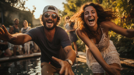 A happy couple, full of excitement, jumps into a pool during a lively garden party while friends look on with delight.の素材