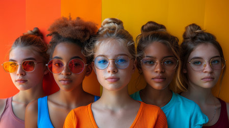 Group of diverse teenagers wearing stylish glasses, posing against a vibrant, colorful background. Perfect representation of diversity, style, and youthful energy.の素材