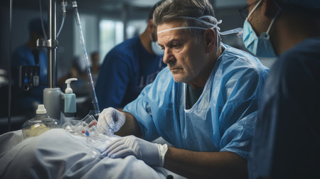 Surgeon intensely focused on performing a medical procedure in a hospital setting, showcasing precision and dedication. Medical team in the background assisting in a professional healthcare environment.の素材