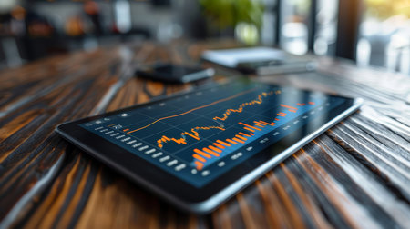 A close-up view of a tablet with stock market data displayed on a wooden desk, representing a modern business workplace and financial analysis tools.の素材