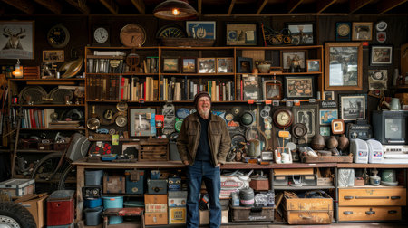 Man standing in a vintage shop filled with various collectibles and antiques, including books, clocks, and unique items. Concept of nostalgia and treasure hunting.の素材