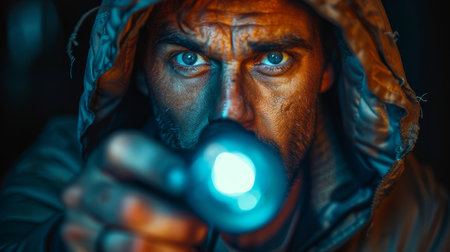 Close-up shot of a man holding a bright flashlight in the darkness, with an intense and focused gaze. Concept of mystery, exploration, or search.の素材