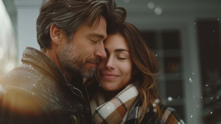 A loving couple embracing outdoors on a snowy day, capturing a warm, tender moment of affection and happiness.の素材