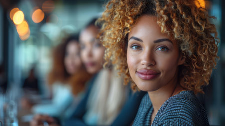 Confident young businesswoman in focus with her diverse team in the background, showcasing teamwork and professionalism in a modern office setting.の素材