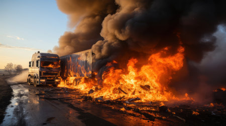 Dramatic collision scene featuring a car and a truck engulfed in intense flames and thick smoke, capturing a sense of urgency and danger.の素材