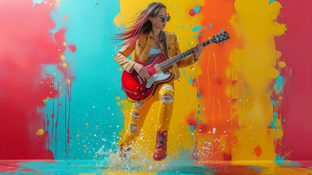 Energetic young woman jumping and playing an electric guitar against a vibrant and colorful splashed background, evoking feelings of excitement and creativity.の素材