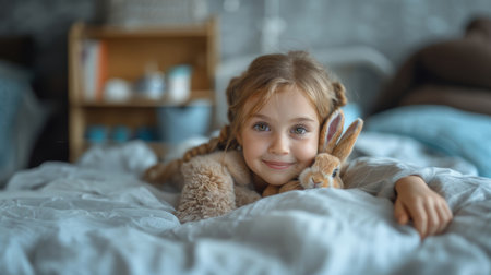 A young girl lying in a hospital bed, smiling warmly while hugging her toy bunny. The image conveys comfort, innocence, and hope in a medical setting.の素材