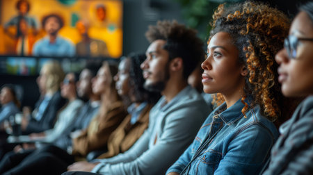 A diverse group of people attentively listening during a business conference, focusing on important topics and presentations.の素材