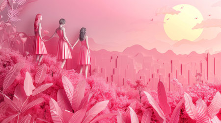 Creative abstract collage featuring three women holding hands in a fantastical pink landscape with a sunrise. Symbolizes unity, togetherness, and feminine strength.の素材