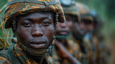 Close-up of soldiers in camouflage gear standing in the rain, depicting the intensity and resilience of military life during a training session.の素材