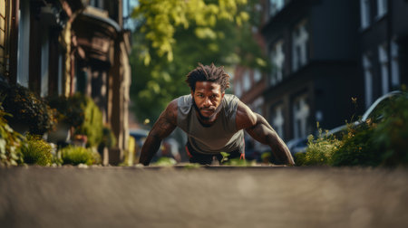 Confident young African man in sportswear performing push-ups outdoors on a sunny day in an urban setting with greenery.の素材