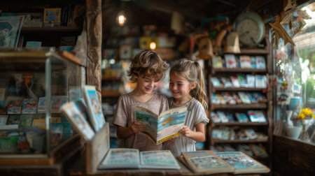 Adorable siblings enjoying a fun moment reading books together in a warm, cozy bookstore environment. Perfect depiction of childhood joy and sibling bonding.の素材