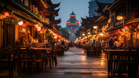 Charming evening scene in Chinatown with colorful lanterns, bustling street food vendors, and iconic architecture. Warm lighting and lively atmosphere capture the essence of this famous location.の素材