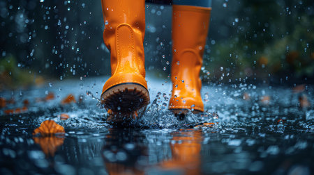 Close-up of orange boots splashing in a puddle on a rainy day, capturing the essence of rain, adventure, and fun.の素材