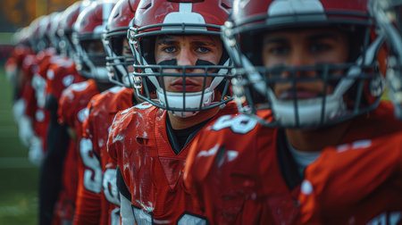 Group of American football players wearing red jerseys and helmets standing together in a team formation on the field, showing team spirit and readiness for the game.の素材