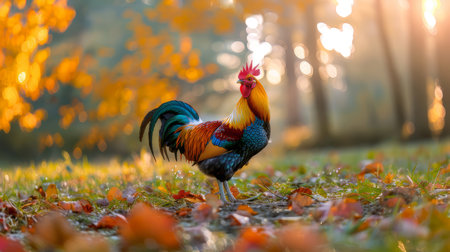 A vibrant rooster standing proudly on green grass amidst a sunlit autumn field with scattered leaves, showcasing its colorful plumage in a beautiful natural setting.の素材