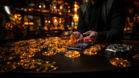 Man's hand holding a glass jar beside a smartphone displaying an online casino interface, surrounded by glowing golden tokens on a dimly lit table.の素材