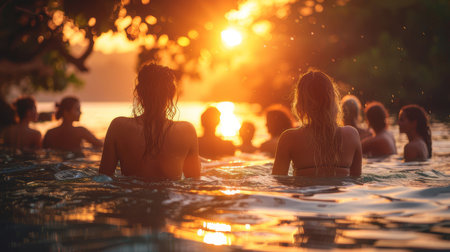 A group of friends enjoying a sunset swim in a tropical paradise, surrounded by warm water and brilliant orange hues.の素材