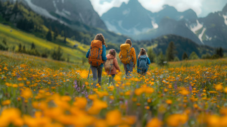 A family enjoys hiking through a vibrant meadow with backpacks, surrounded by majestic mountains and blooming wildflowers under a partly cloudy sky.の素材