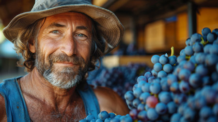 Male farm worker smiling while picking ripe grapes in a vineyard. Capturing the essence of agriculture, hard work, and harvest season in a rural setting.の素材