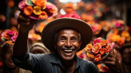 Cheerful Mexican man with a hat holding vibrant flower arrangements, celebrating at a traditional festivity with other happy participants in the background.の素材