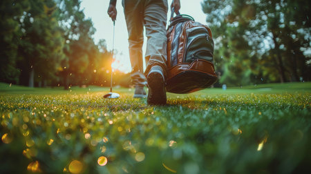Cropped image of a golfer walking on a dewy golf course at sunrise, carrying a golf bag.の素材