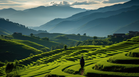 Beautiful sunset view of Pa Pong Peang rice terraces in northern Thailand with a lone traveler admiring the lush green landscape and mountain range.の素材