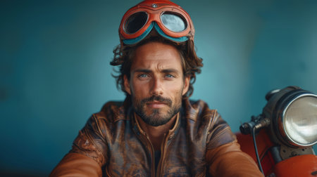 Handsome man with beard wearing leather jacket and red helmet, posing against a blue background. Concept of adventure, confidence, and vintage style.の素材